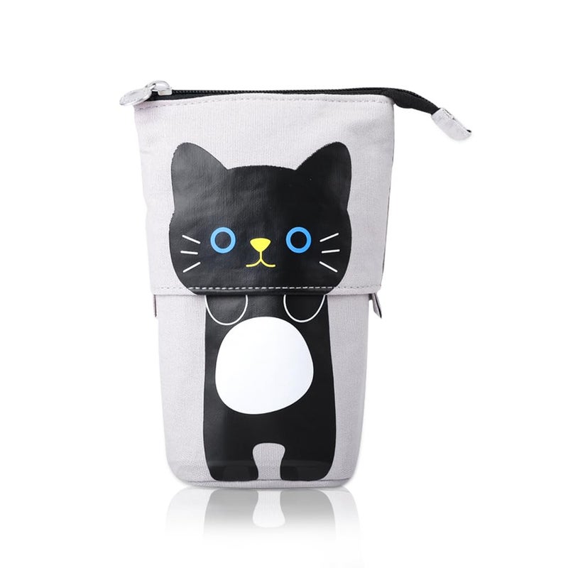 iSuperb Standing Pencil Pouch Pencil Case Cute Cat Telescopic with Zipper Canvas Kwaii Cartoon Pencil Bag Stationery Box for Kids Girls Boys School Supplies 7.5 x 4.9 x 3.0inch/4.1x 3.0inch - Image 1